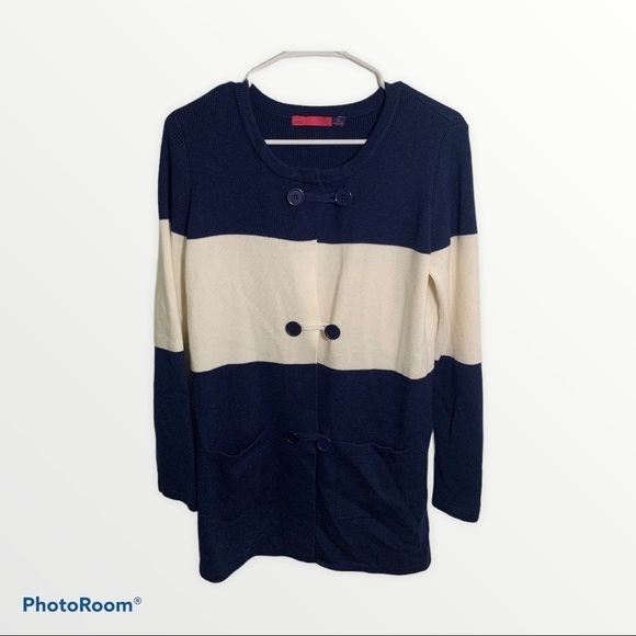 Ava Duster Cardigan Navy Cream Colorblock Stripe - Picture 1 of 10